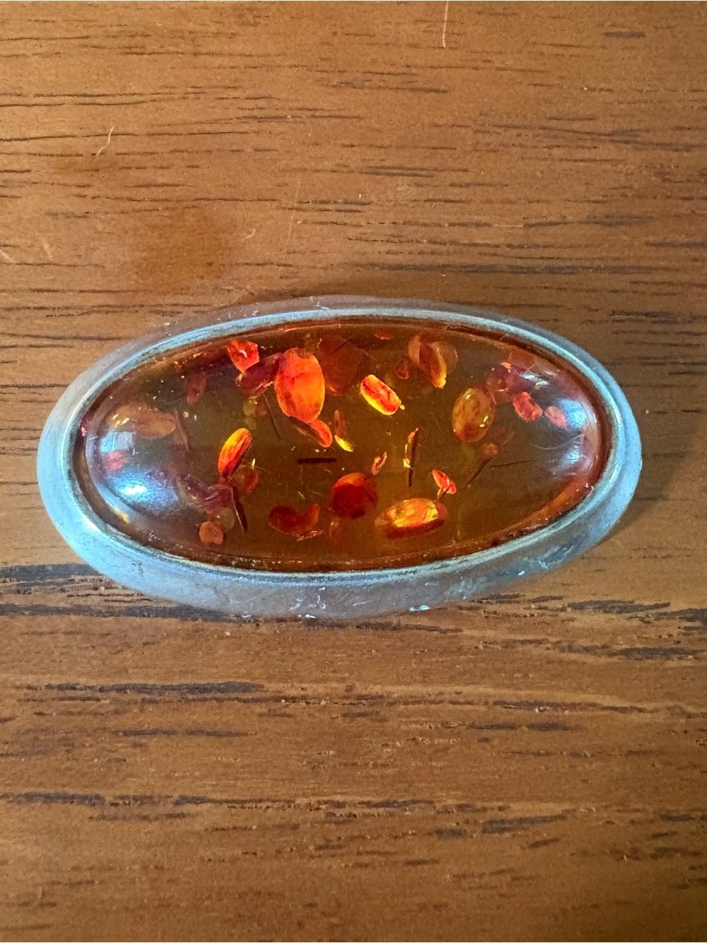 Vintage Polish Baltic Pressed Amber 1.75” Oval Appliqué Plaque White Metal Mount